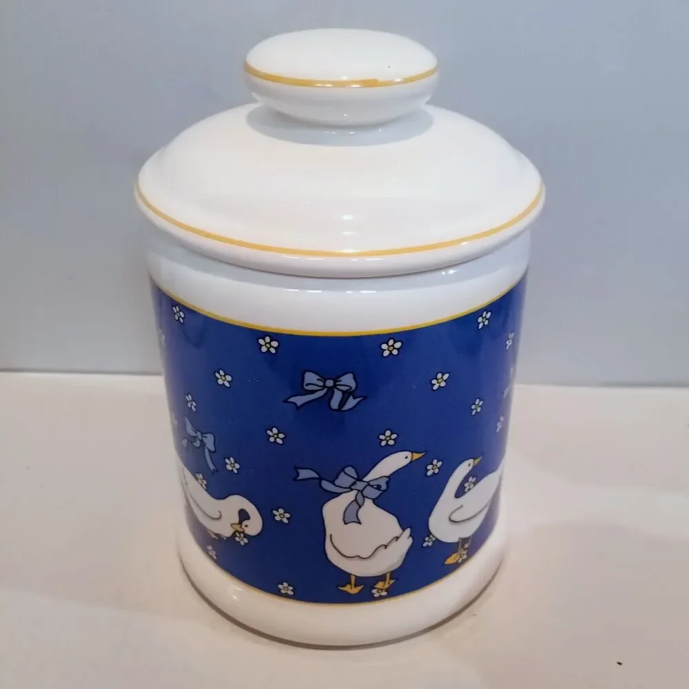 Vintage Ceramic Goose Canister Set-With Lids-Set Of 4-Geese-Ribbons-Country